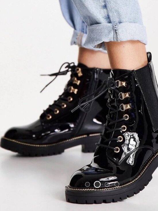 River Island Shoes - River Island Womens Black Patent Flat Lace Up Chunky Ankle Boots - 8